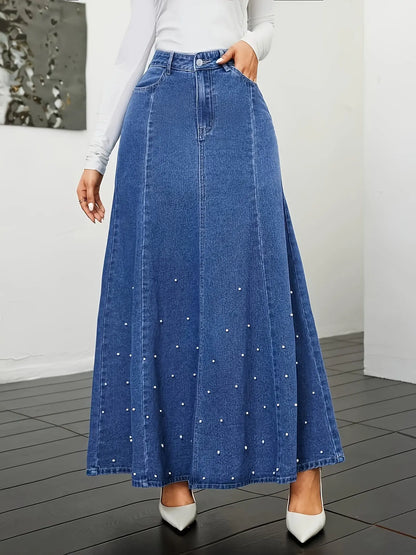 Elegant Denim Maxi Skirt with Faux Pearl Embellishments, A-Line Fit, Full Length, High Waist, Perfect for Casual or Dressy Occasions MyFave Boutique