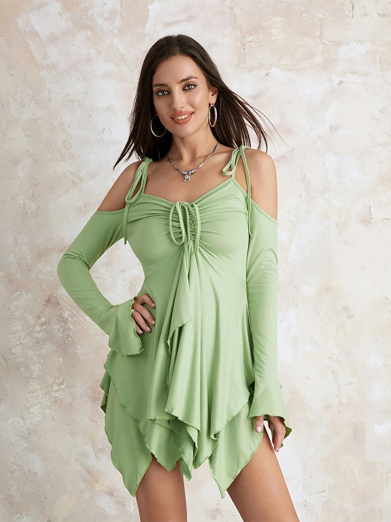 Elegant Cold Shoulder Ruched V-Neck Mini Dress with Flare Sleeves and Asymmetrical Hem - Perfect for Spring & Fall, Women's Clothing MyFave Boutique