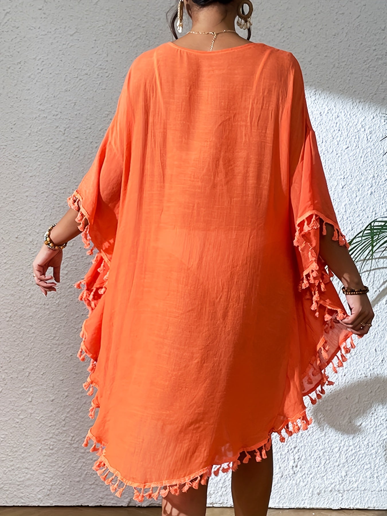 Women's Bohemian Orange Tassel Beach Cover-Up, Bamboo Texture Fabric With Hand-Crocheted Detail, Sexy Loose Fit Bikini Swimsuit Cover MyFave Boutique