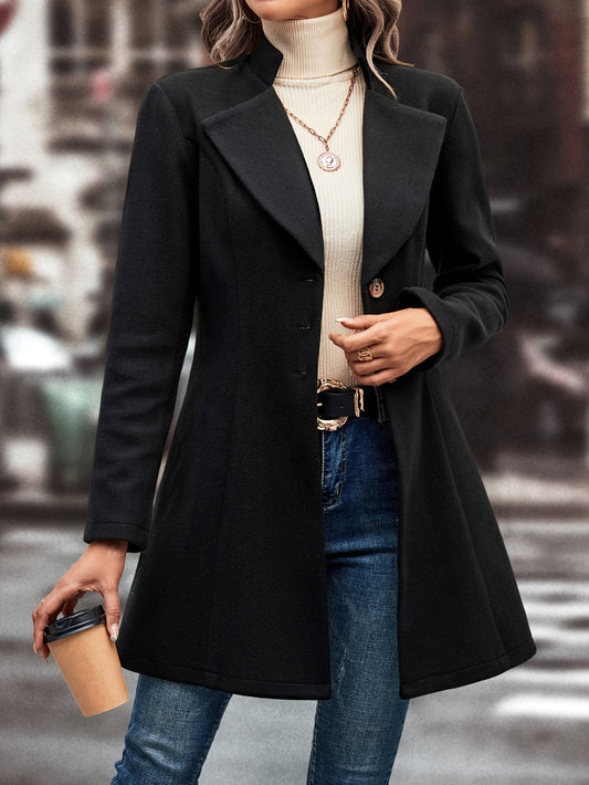 Single-breasted Lapel Collar Overcoat, Elegant Long Sleeve Woolen Blend Outerwear For Fall & Winter, Women's Clothing MyFave Boutique