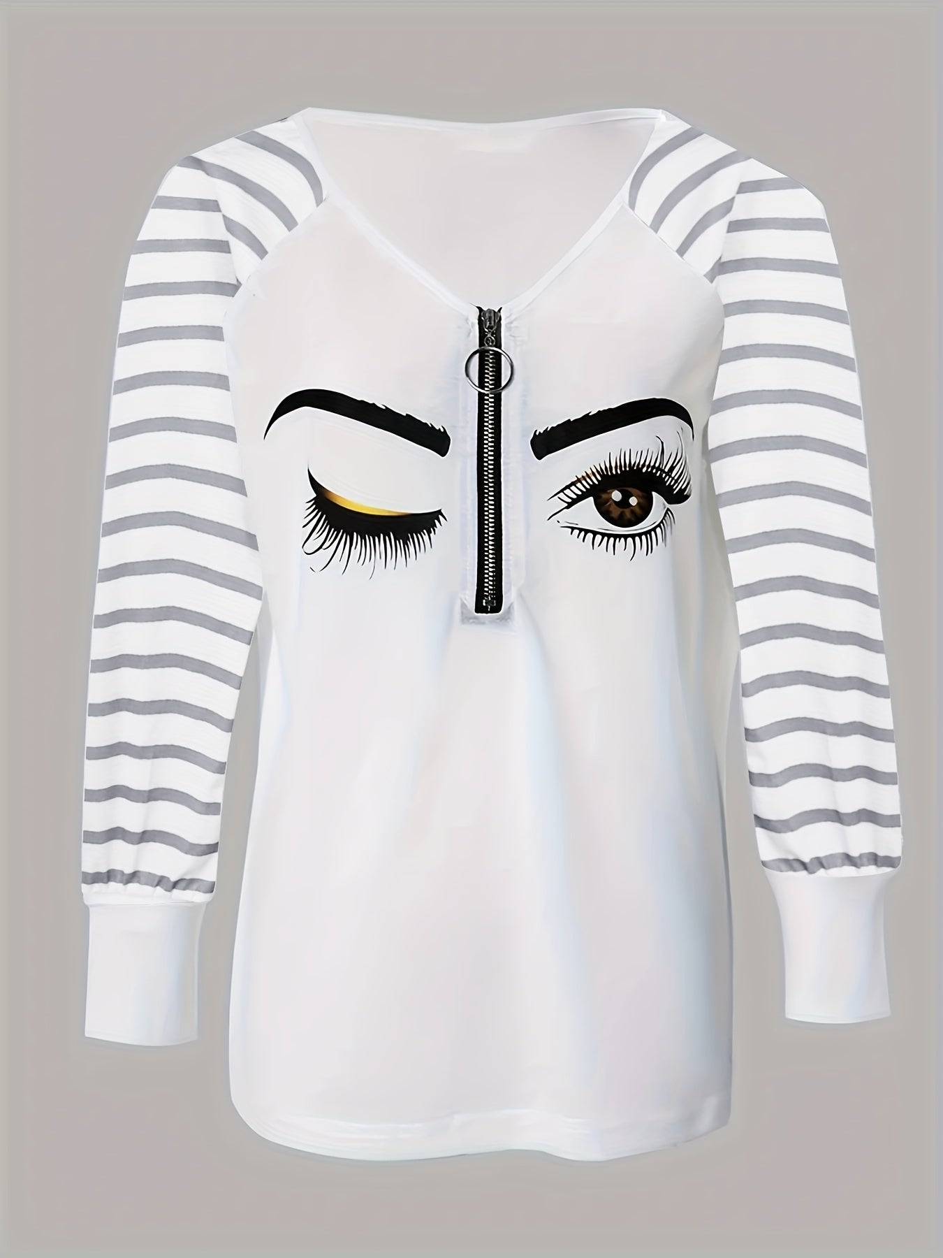 Women's Autumn Casual Striped Sheer Mesh Raglan T-Shirt Long Sleeve V-Neck T-Shirt Funny Eyelash Graphic Top Pullover MyFave Boutique