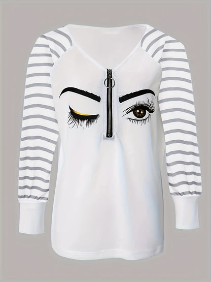 Women's Autumn Casual Striped Sheer Mesh Raglan T-Shirt Long Sleeve V-Neck T-Shirt Funny Eyelash Graphic Top Pullover MyFave Boutique