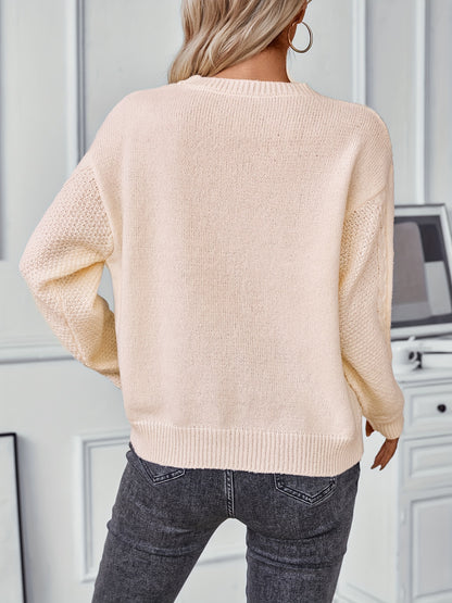 Cable Knit Eyelet Crew Neck Sweater, Casual Long Sleeve Sweater For Fall & Winter, Women's Clothing MyFave Boutique