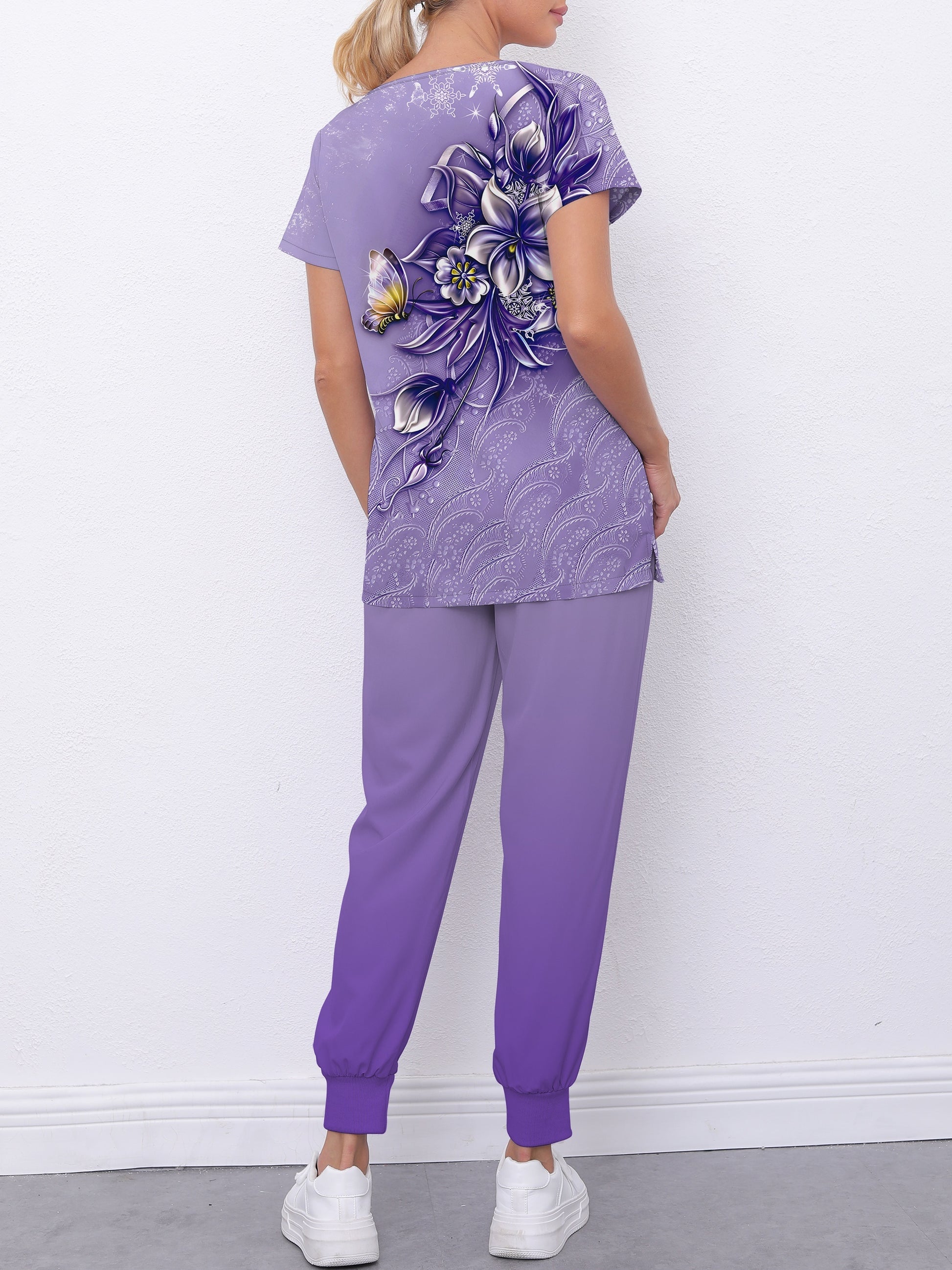 Floral Print Healthcare Uniform Set for Women: Casual V-Neck Top & Fitted Pants with Dual Pockets MyFave Boutique