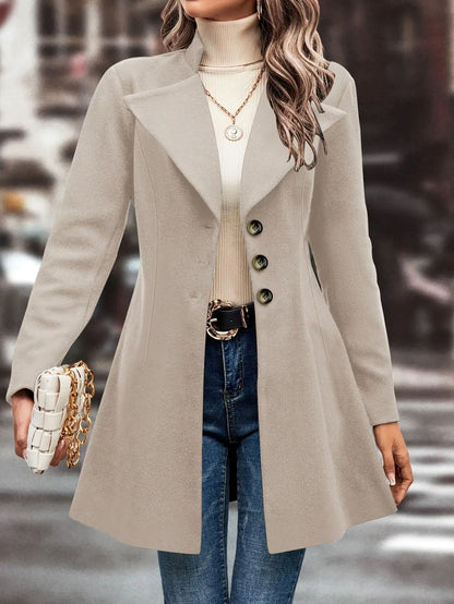 Classic Solid Single Button Lapel Overcoat for Women, Long Sleeve Winter Warmth MyFave Boutique