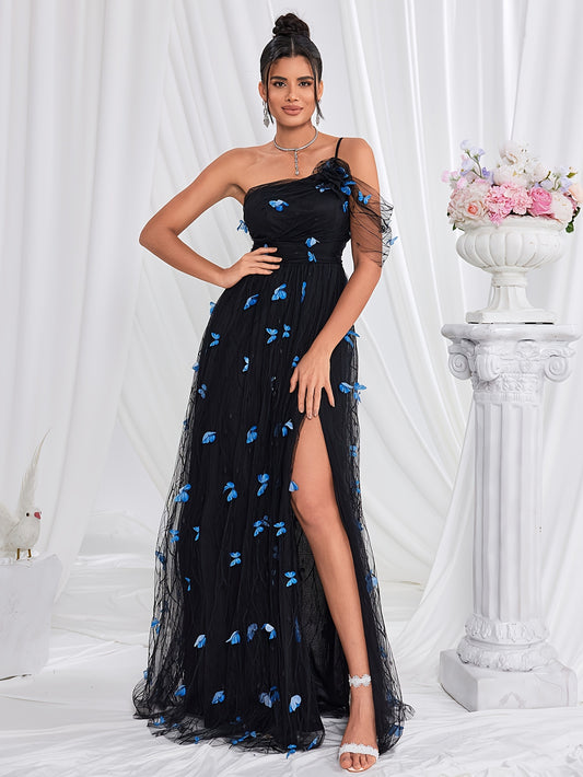 Butterfly Applique One Shoulder Dress, Elegant Split Thigh Floor Length Evening Dress For Party & Banquet, Women's Clothing MyFave Boutique