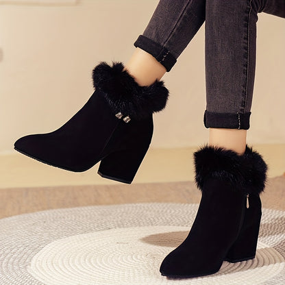 Women's Solid Color Lined Boots, Side Zipper Chunky Heel Fluffy Warm Boots, Winter Plush Comfy Shoes MyFave Boutique