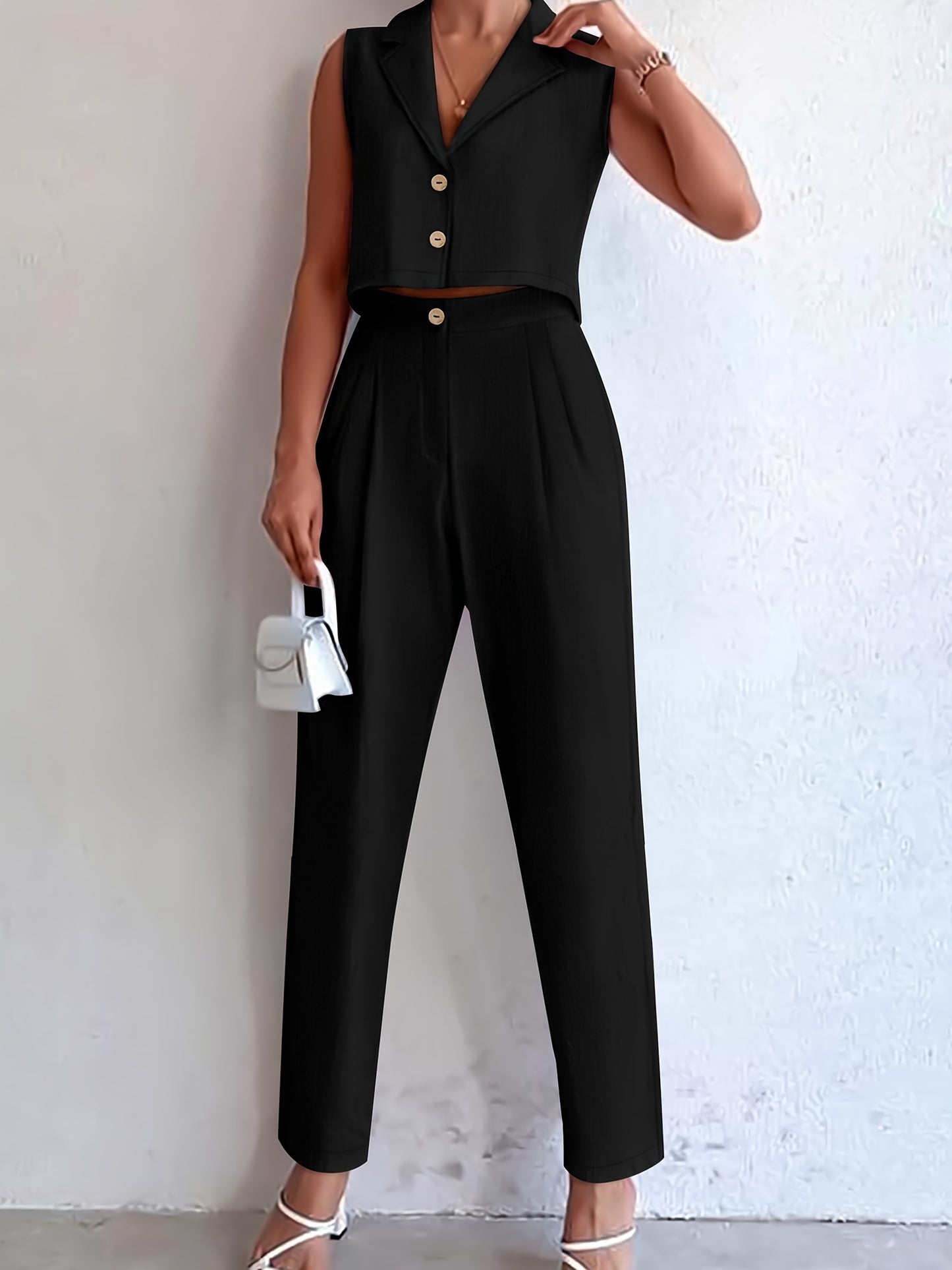 Casual Solid Slim Summer Two-piece Pants Set, Sleeveless Button Front Vest & Slant Pockets High Waist Pants Outfits, Women's Clothing MyFave Boutique