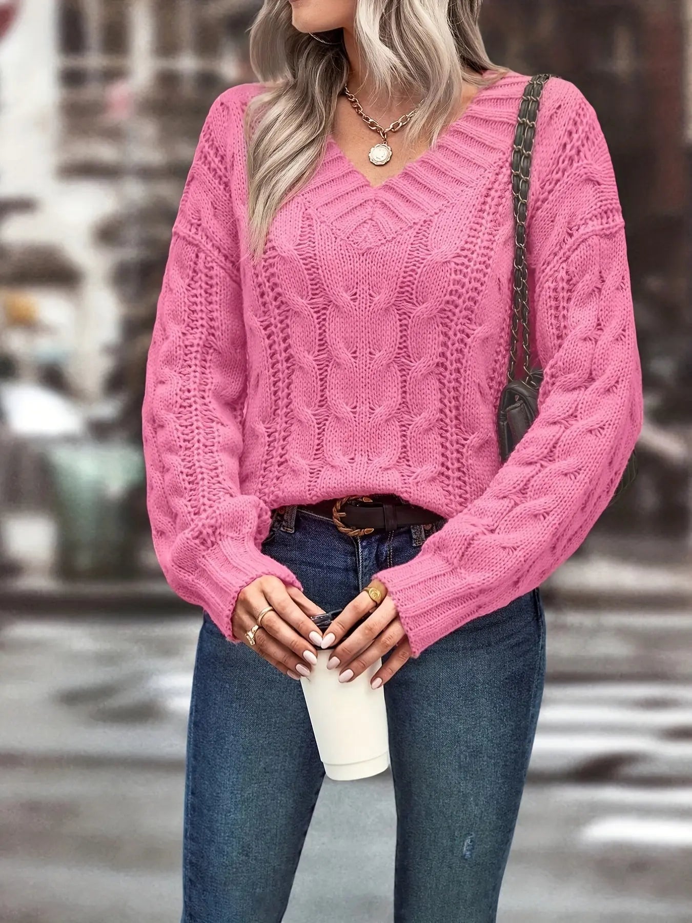 Solid V Neck Cable Knit Sweater, Casual Long Sleeve Sweater For Fall & Winter, Women's Clothing MyFave Boutique