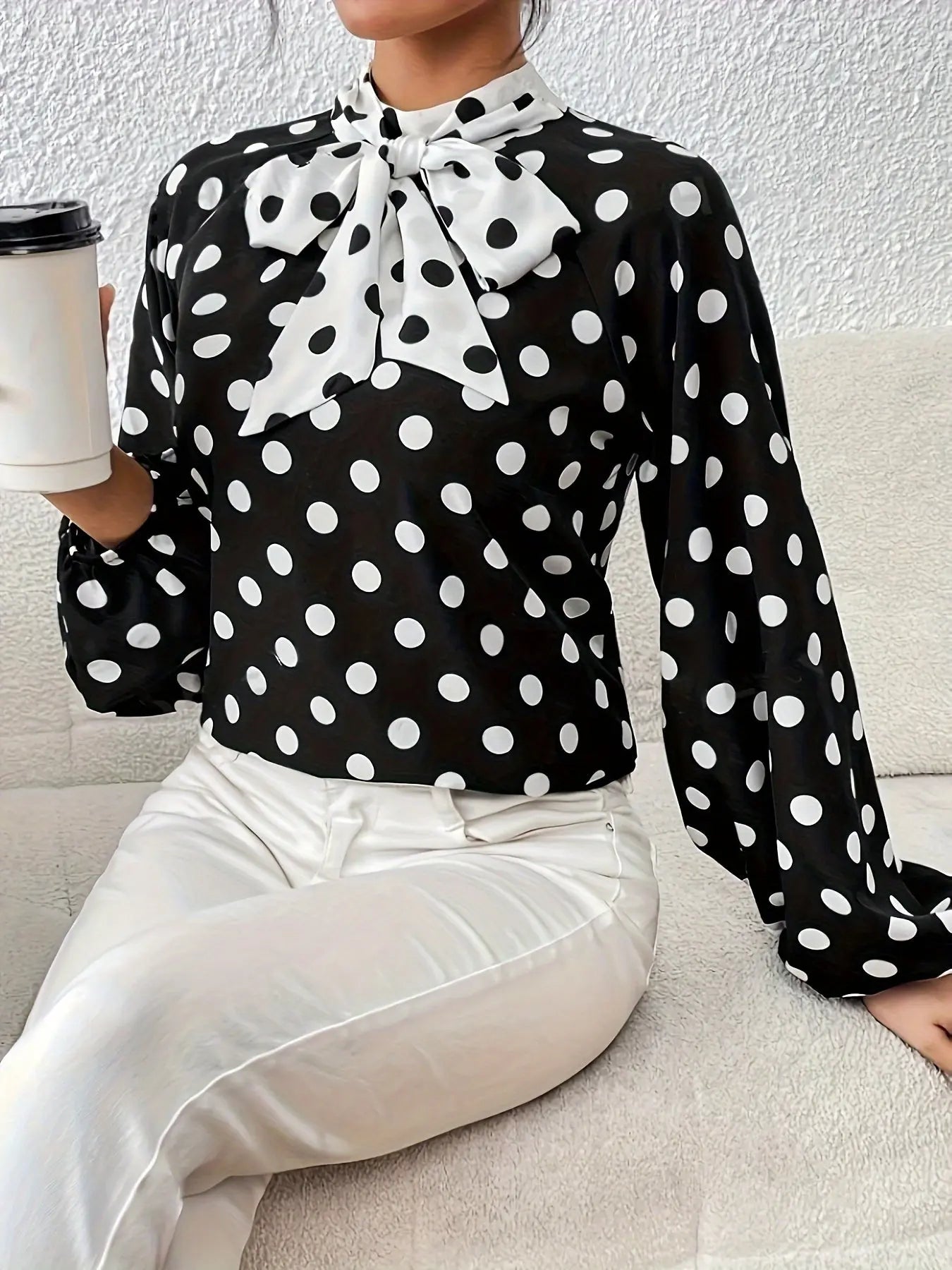 Polka Dot Print Tie Neck Blouse, Elegant Lantern Sleeve Top For Spring & Fall, Women's Clothing MyFave Boutique