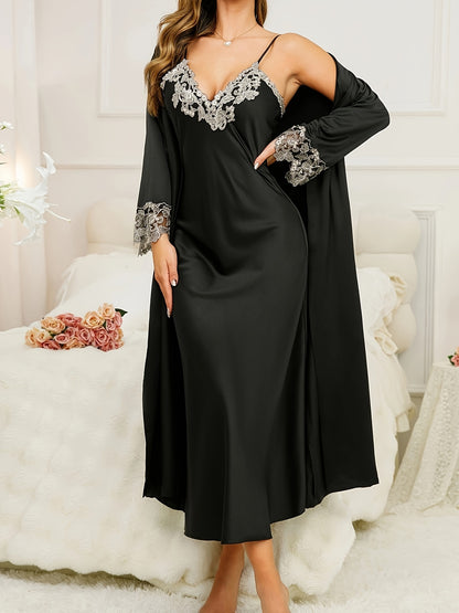 Women's Elegant Solid Pajama Set with V-Neck Midi Slip Dress and Long Sleeve Belted Robe - Comfortable Sleepwear and Loungewear MyFave Boutique