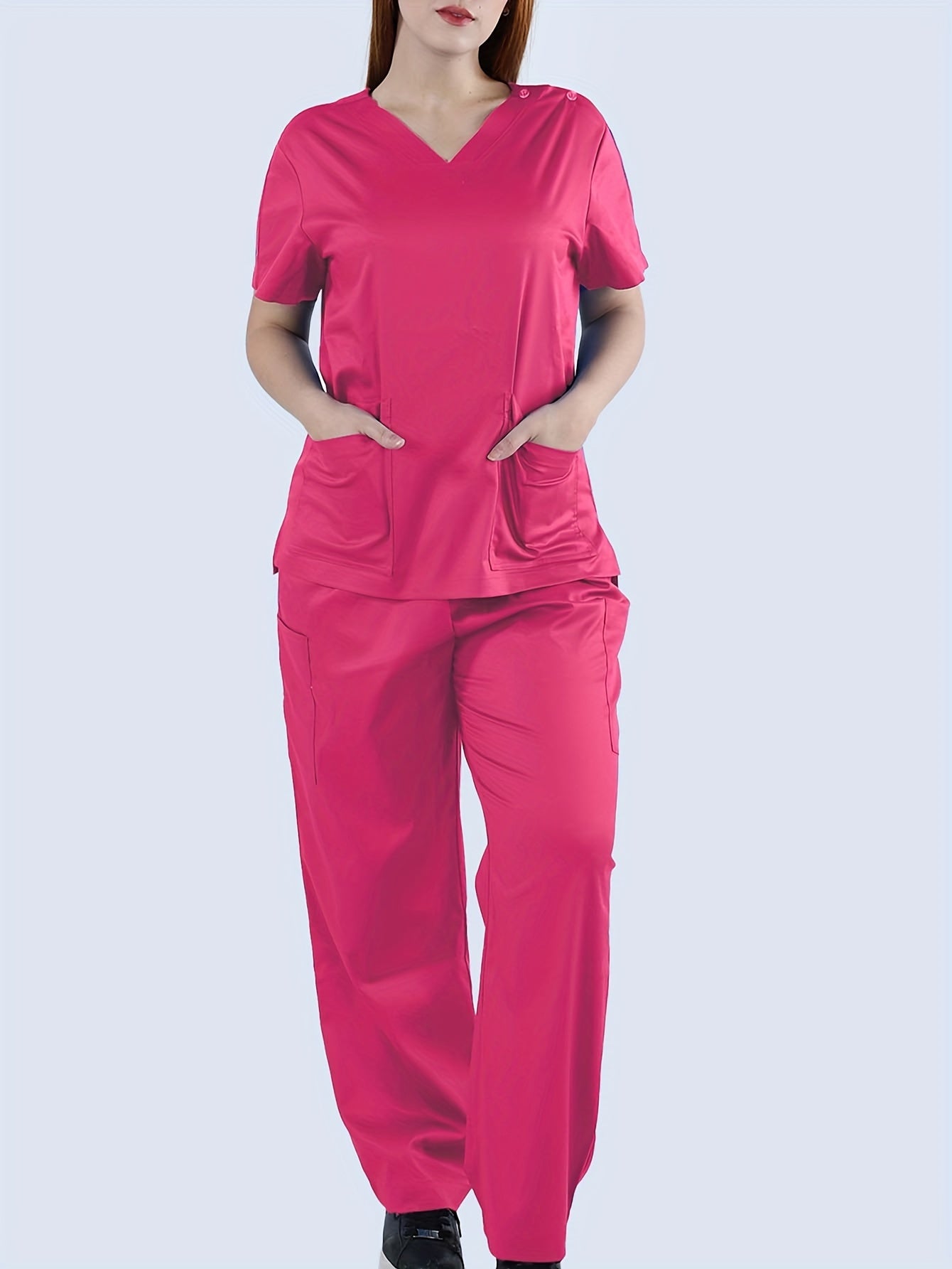 Stretch Women Two-piece Set, V Neck Classic Scrub Top & Straight Leg Pants, Women's Clothings MyFave Boutique