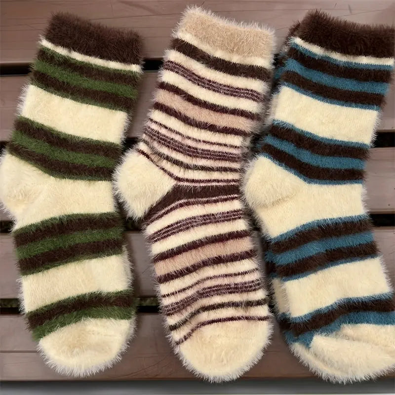 5 Pairs Striped Fluffy Crew Socks, Thick Warm Soft Mid Tube Socks For Fall & Winter, Women's Stockings & Hosiery MyFave Boutique