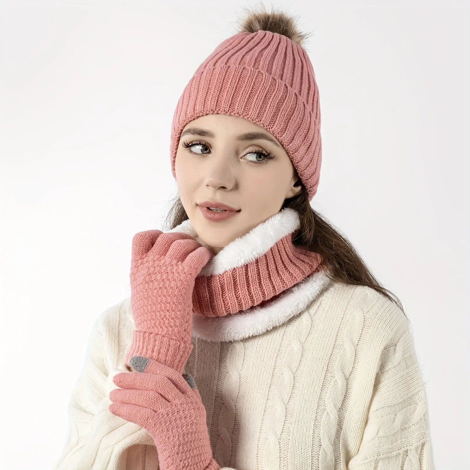 3pcs Cozy Knit Winter Set - Thickened Fleece-Lined Scarf, Gloves & Hat for Outdoor Warmth | Hand Wash Only MyFave Boutique