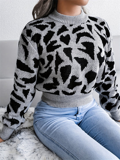 Women's Leopard Print Crop Sweater - Cozy Crew Neck Long Sleeve Top for Fall & Winter MyFave Boutique