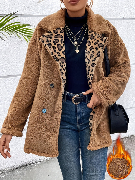 Leopard Pattern Double Breasted Fuzzy Coat, Elegant Long Sleeve Warm Outerwear For Fall & Winter, Women's Clothing MyFave Boutique