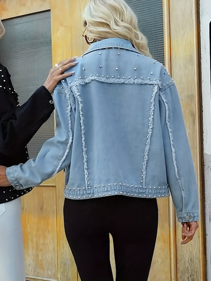 Women's Fashion Cropped Denim Jacket, Long Sleeve Turn-Down Collar, Buttoned Studded Short Rivet Jean Coat, Street Style Outerwear MyFave Boutique