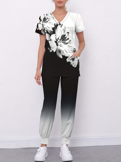 Floral Print V-Neck Scrub Top & Gradient Jogger Pants Set for Nurses and Women MyFave Boutique