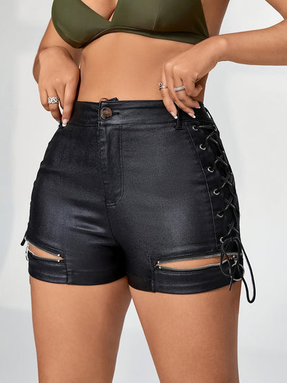 Faux Leather Strappy Slim Shorts, Stylish High Waist Zipper Cut Out Shorts For Spring & Summer, Women's Clothing MyFave Boutique