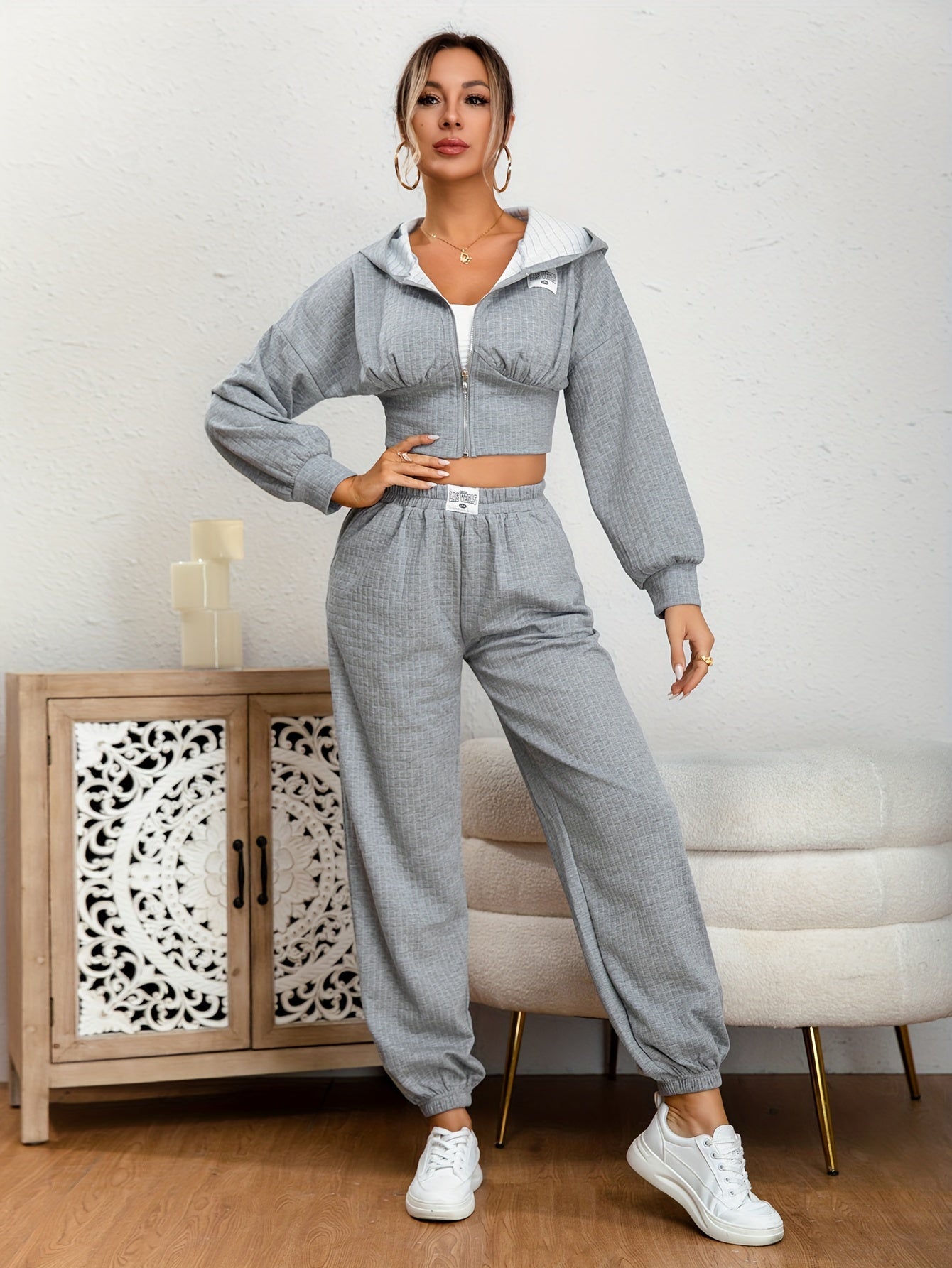 Solid Casual Two-piece Set, Zip Up Long Sleeve Hoodies & Elastic Waist Jogger Pants Outfits, Women's Clothing MyFave Boutique