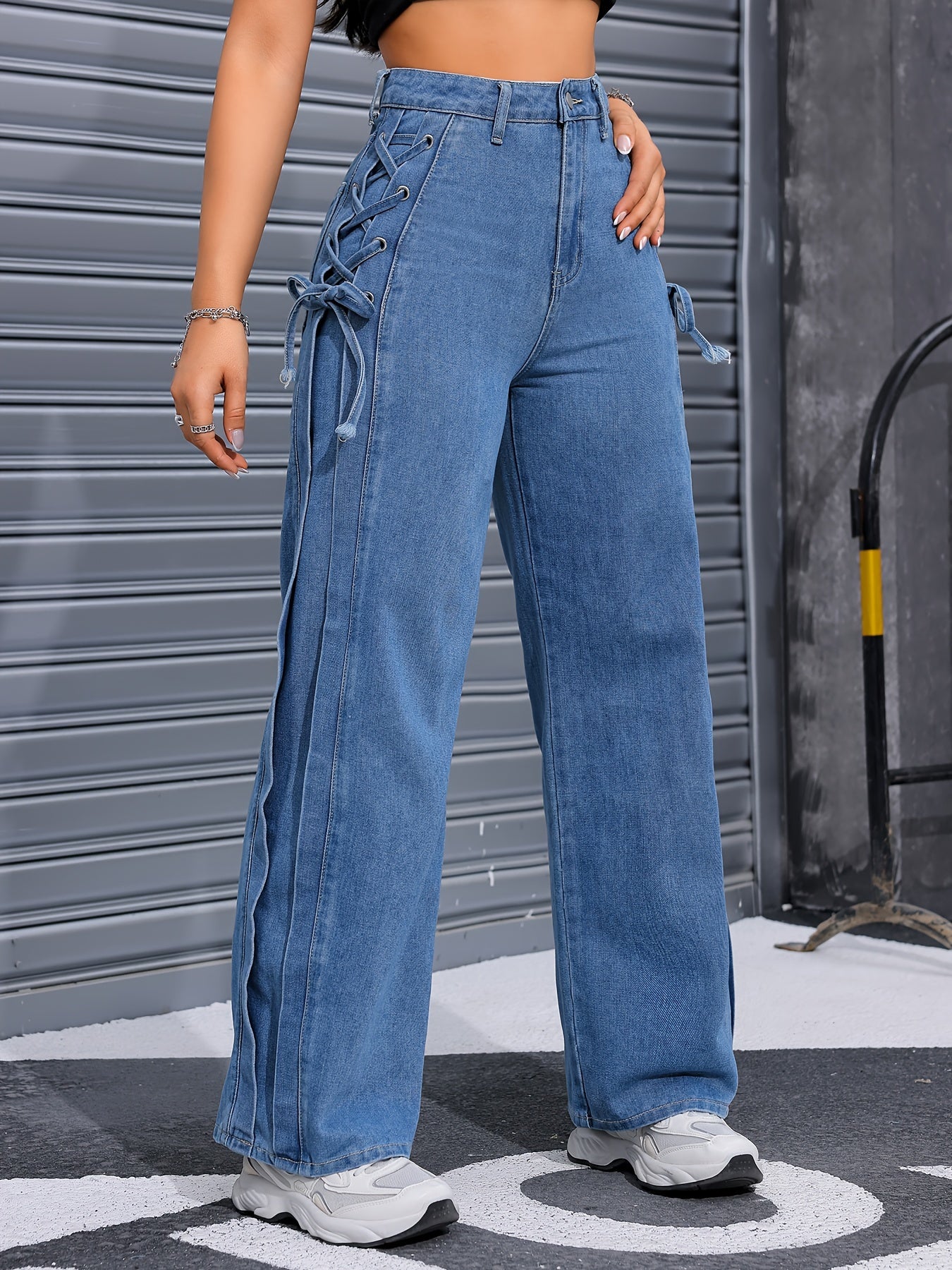 High-Waisted Wide Leg Denim Pants - Lace-Up Closure, Non-Stretch Fabric, Solid Color, Street Style, Customized Fit, All-Season Wear, Comfortable and Chic MyFave Boutique