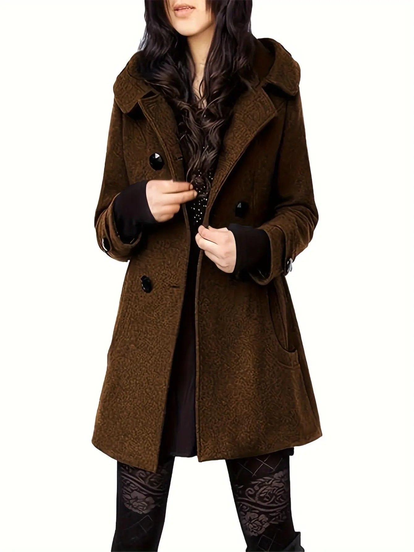 Women's Double Breasted Wool Pea Coat Trench Coat with Hood MyFave Boutique