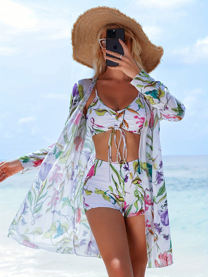 3-pieces Women's Geometric Print Bikini Set with Boxer Short Bottom and Cover Shirt - Long Sleeve Swimsuit for Valentine's Day MyFave Boutique