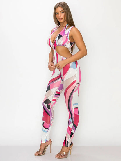 Versatile Ice Silk Printed Jumpsuit - Perfect for Parties, Vacations, and Night Outs - Available in Blue and Pink MyFave Boutique