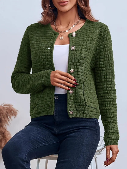 Women's Solid Color Button Front Cardigan with Side Pockets - Elegant Crew Neck Knitwear for Winter & Fall MyFave Boutique