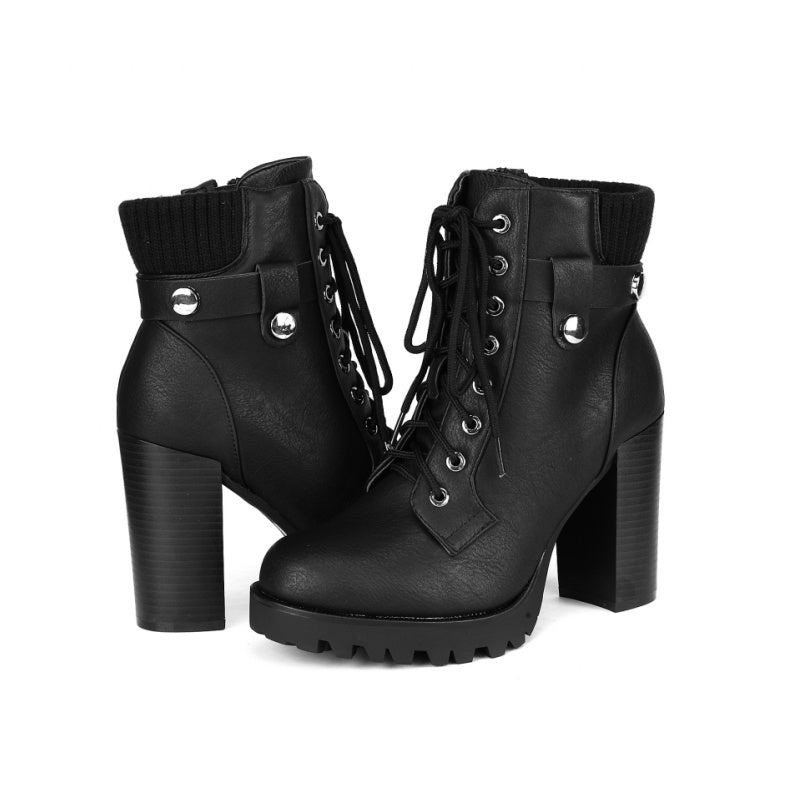 Women's Lace up Combat Ankle Boots, High Chunky Heel Fashion Heeled Booties Shoes MyFave Boutique