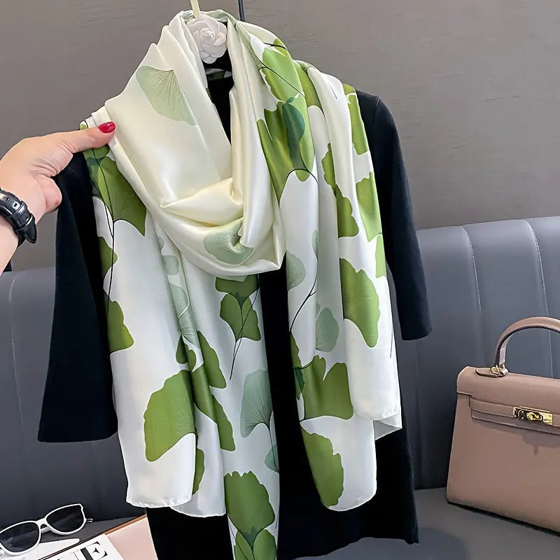 Bohemian Satin Silk-Feel Scarf With Green Ginkgo Leaf Print, Soft & Skin-Friendly Summer Shawl, Lightweight Sun Protection Travel Scarf Wrap For Women MyFave Boutique