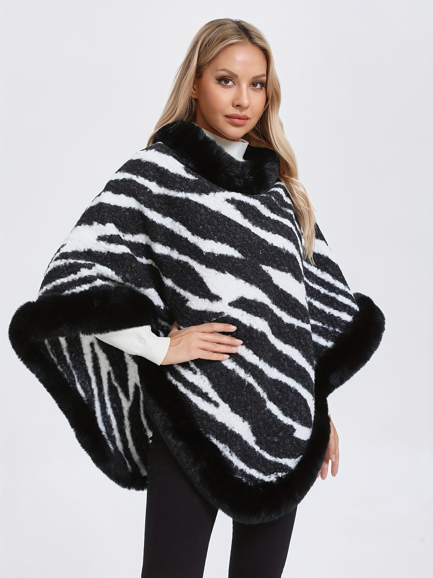 Zebra Stripe Pattern Fuzzy Trim Poncho, Elegant Thermal Hanky Hem Crew Neck Cape For Fall & Winter, Women's Clothing MyFave Boutique