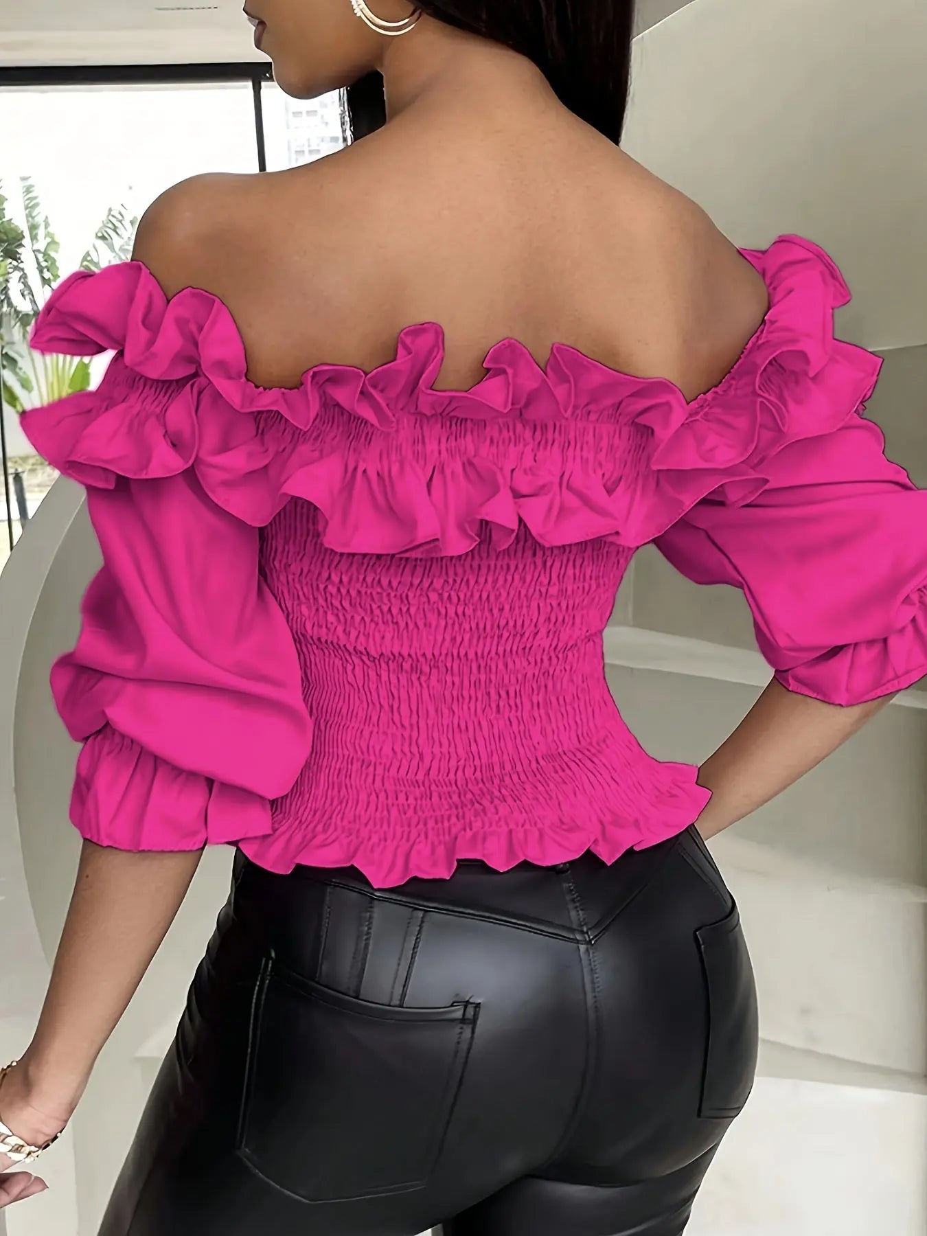 Off-Shoulder Ruffle Trim Shirred 3/4 Sleeve Top for Women, Elegant Spring/Summer Blouse MyFave Boutique