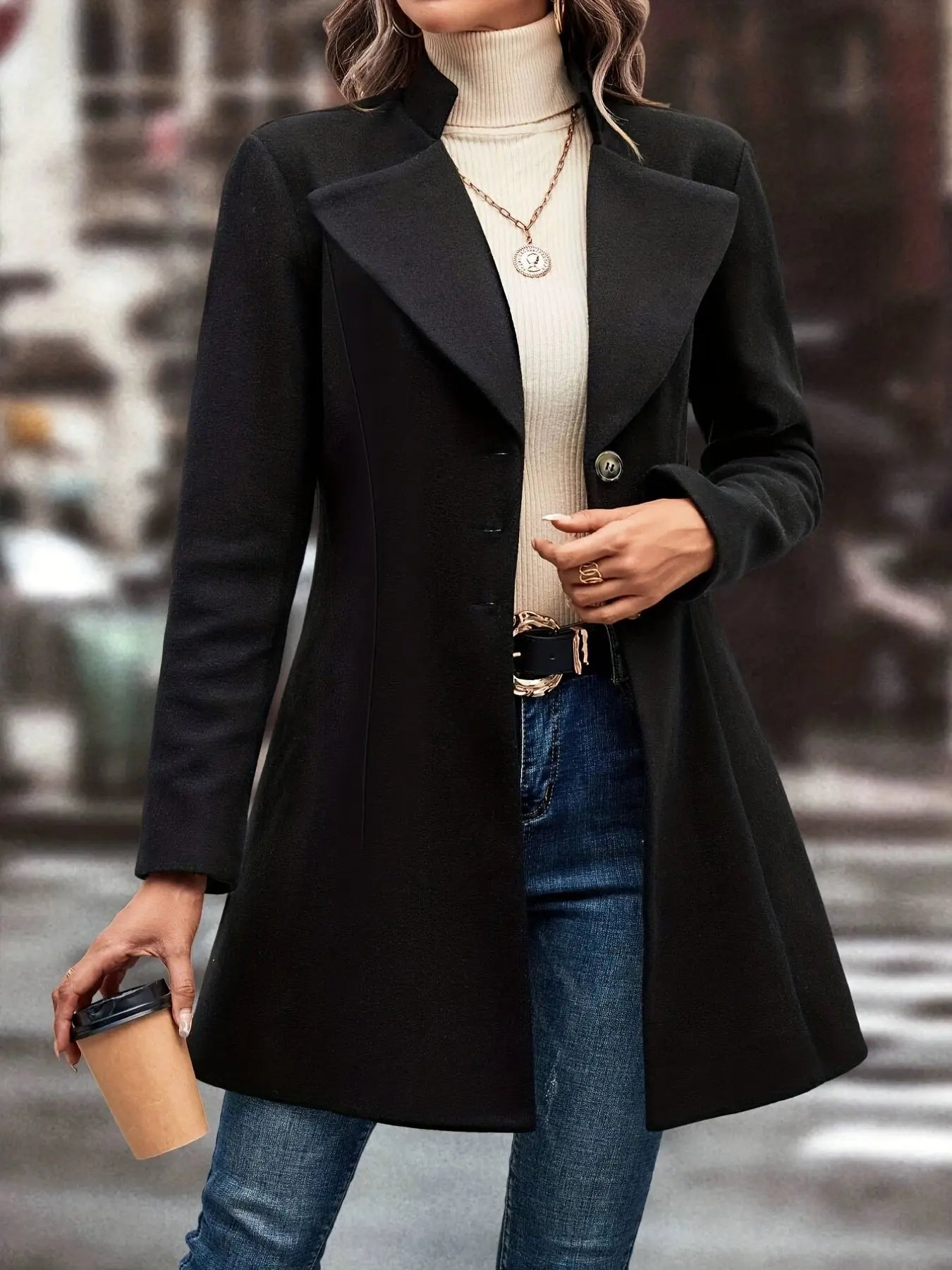 Classic Solid Single Button Lapel Overcoat for Women, Long Sleeve Winter Warmth MyFave Boutique