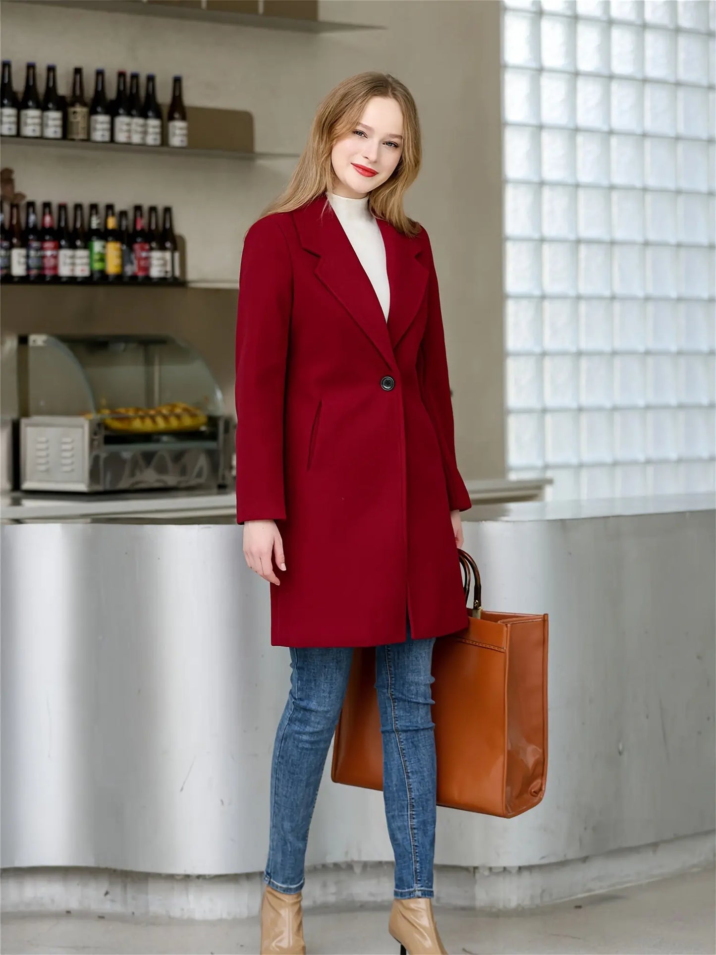 Women's Elegant Plush Blend Trench Coat Winter Outcoat Mid-Long Windproof Lapel Slim Pea Coats MyFave Boutique