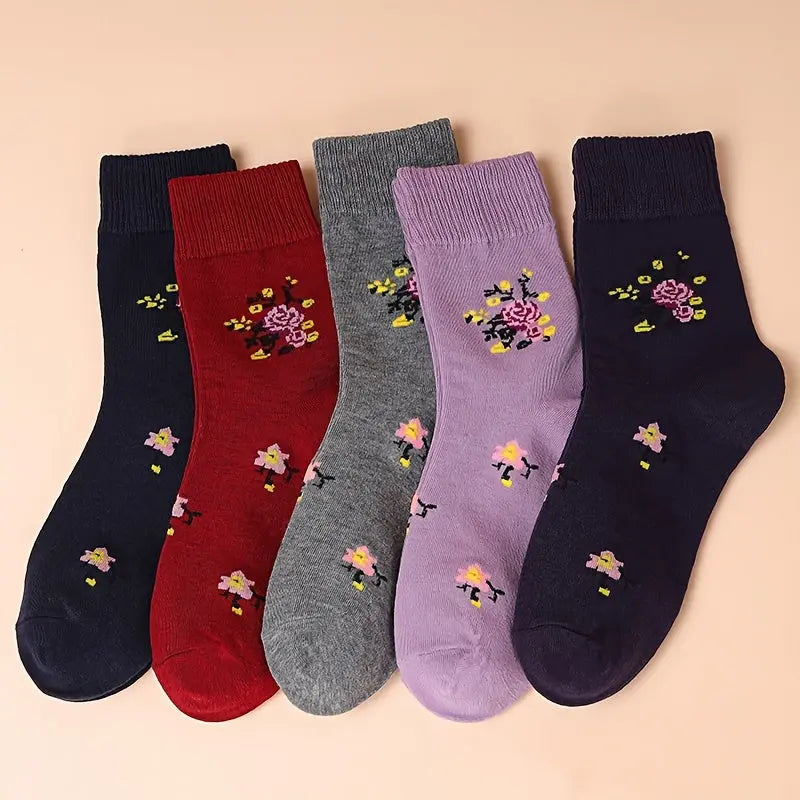 5 Pairs Floral Pattern Crew Socks, Warm Thick All-match Mid Tube Socks For Fall & Winter, Women's Stockings & Hosiery MyFave Boutique