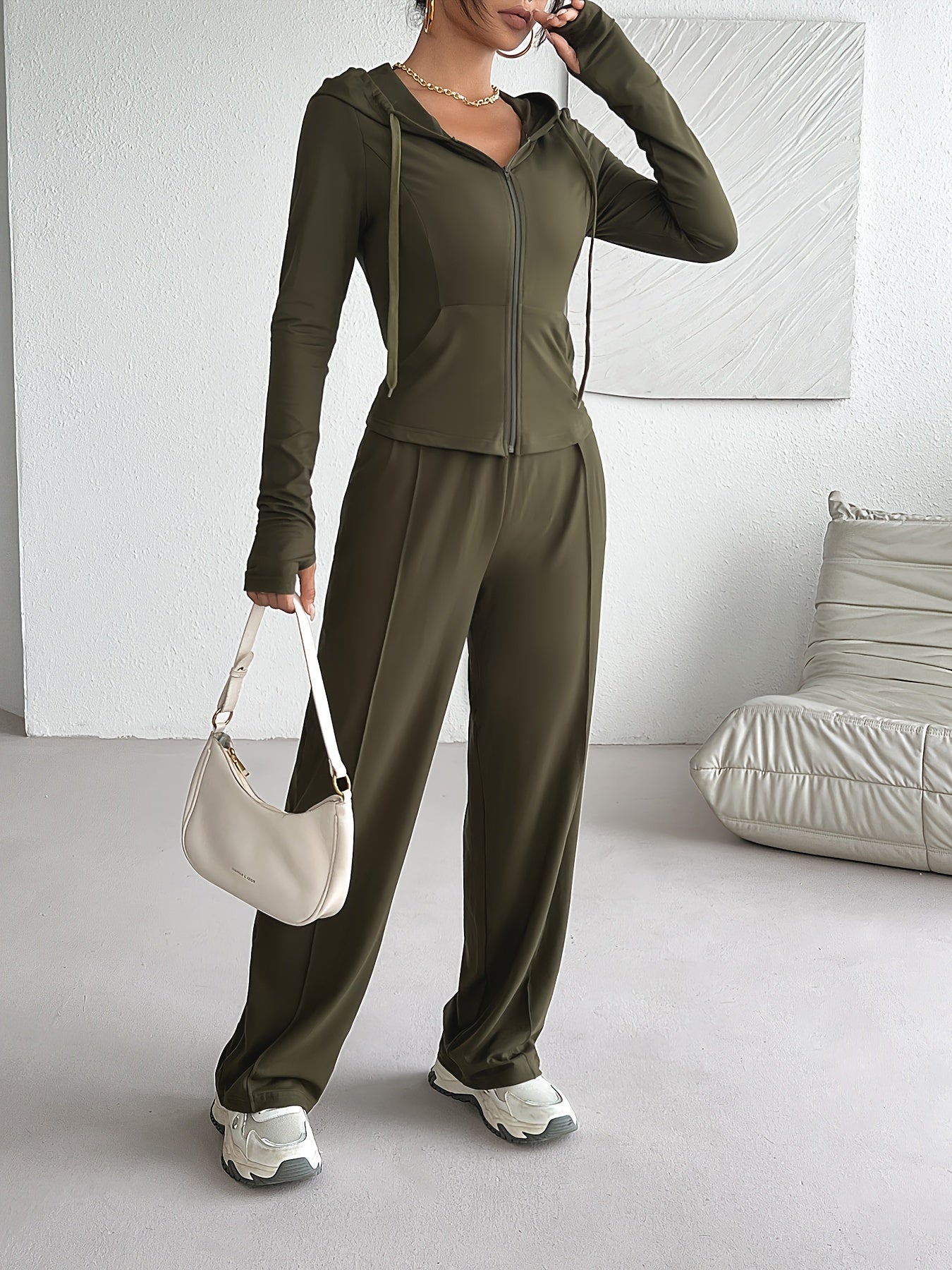 Casual Slim Fit Sporty Pants Set, Zip Up Drawstring Hooded Jacket With Pocket & Straight Leg Pants Outfits, Women's Clothing MyFave Boutique