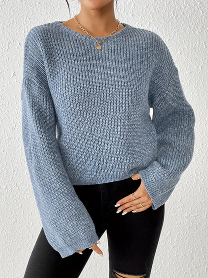 Solid Crew Neck Pullover Sweater, Casual Long Sleeve Drop Shoulder Sweater, Women's Clothing MyFave Boutique