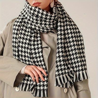 Houndstooth Soft Warm Thick Scarf Elegant Stretchy Tassel Large Shawl Autumn Winter Versatile Neck Protection Coldproof Blanket Scarf MyFave Boutique