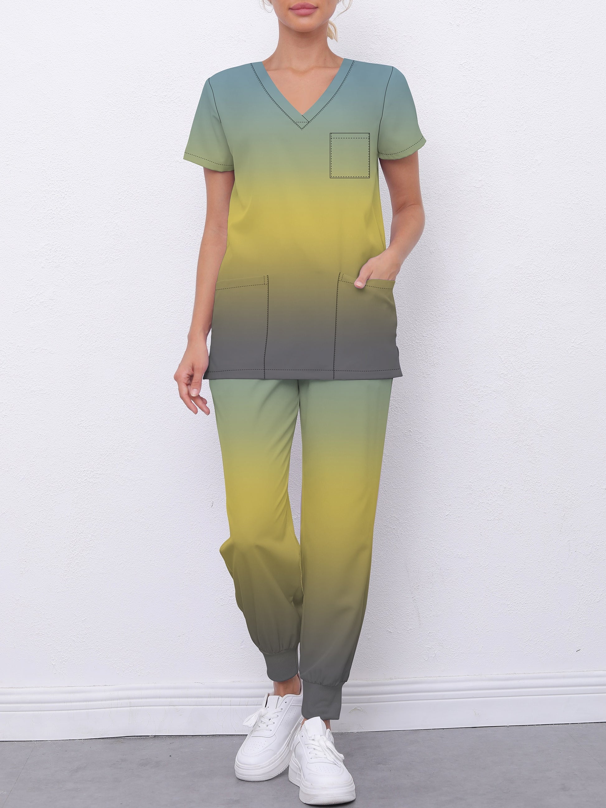 2pcs Gradient Color 2-Piece Modern Scrub Set for Nurses, Doctors, and Healthcare Professionals - Breathable Top & Elastic Waist Bottoms MyFave Boutique