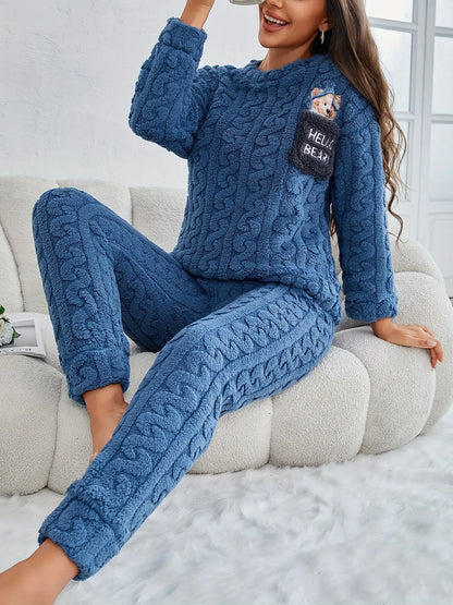 Cozy Winter Knit Pajama Set for Adults - Long Sleeve, Round Neck, Solid Color with Pocket MyFave Boutique