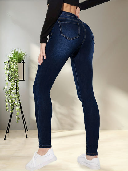 Blue High Stretch Skinny Jeans, Slim Fit Slant Pockets Casual Tight Jeans, Women's Denim Jeans & Clothing MyFave Boutique