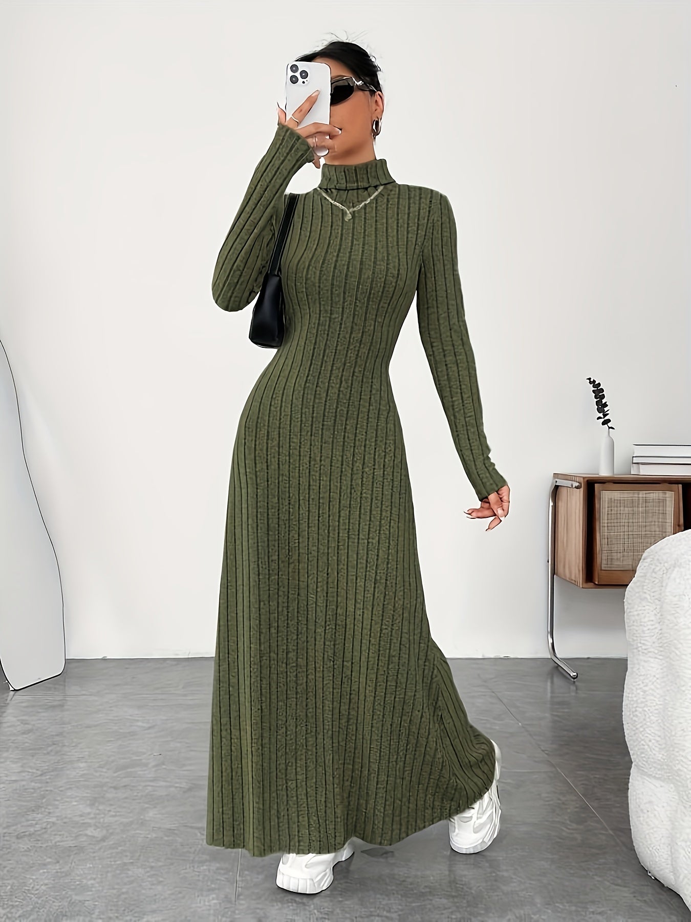 Solid Color Turtle Neck Ribbed Dress, Elegant Long Sleeve Flared Maxi Dress For Spring & Fall, Women's Clothing MyFave Boutique