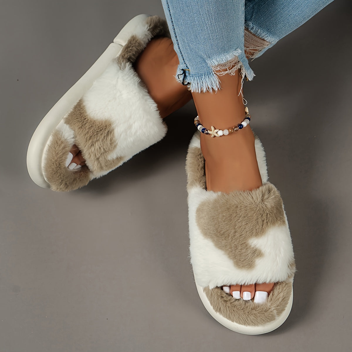 Comfy and Warm Furry House Slippers with Open Toe and Single Band Platform MyFave Boutique