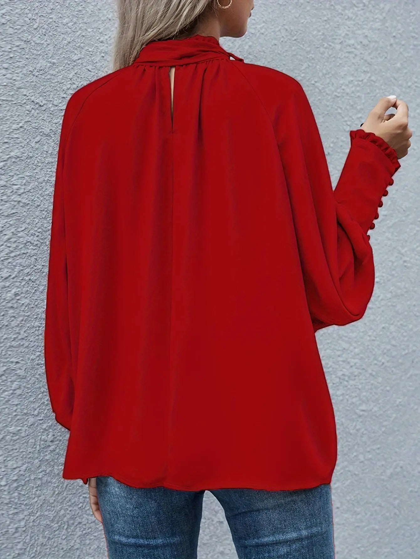 Solid Color Lantern Sleeve Blouse, Loose Fit Tie Back Top for Women, Daily Wear MyFave Boutique