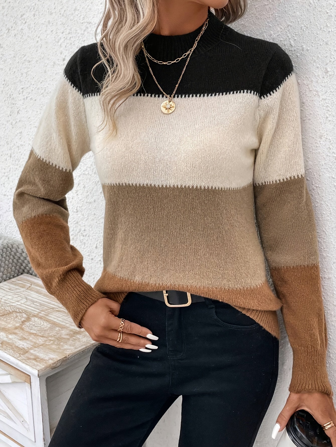 Color Block Knitted Pullover Sweater, Casual Mock Neck Long Sleeve Top For Fall & Winter, Women's Clothing MyFave Boutique