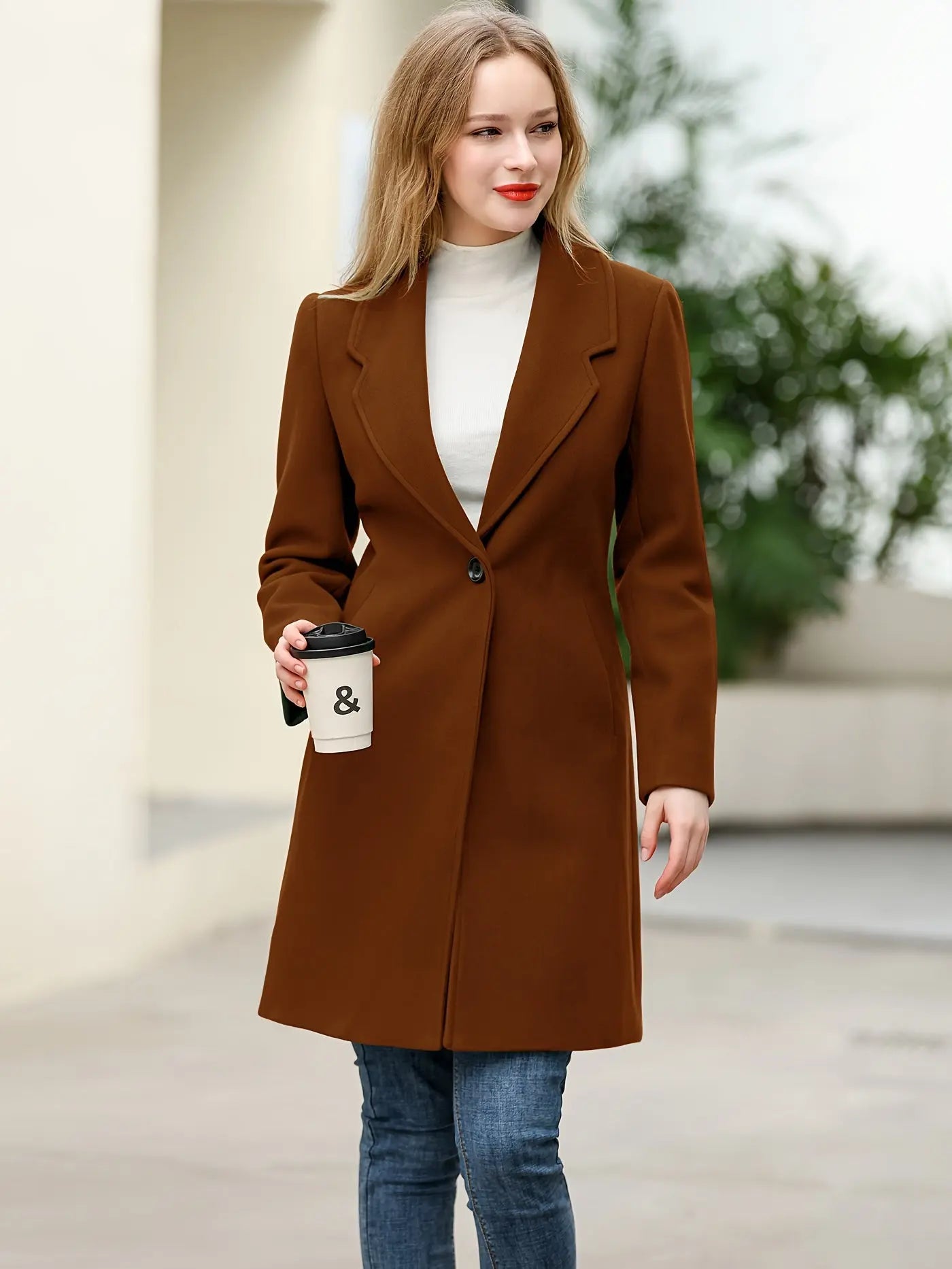 Women's Elegant Plush Blend Trench Coat Winter Outcoat Mid-Long Windproof Lapel Slim Pea Coats MyFave Boutique