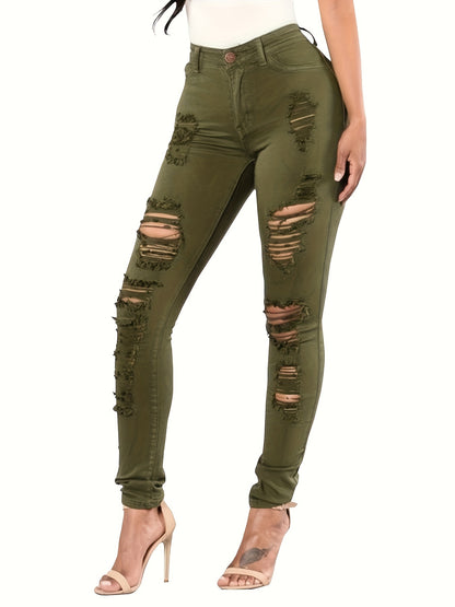 Plain Green Ripped Skinny Fit High Waist Distressed Denim Pants, Women's Denim Jeans & Clothing MyFave Boutique