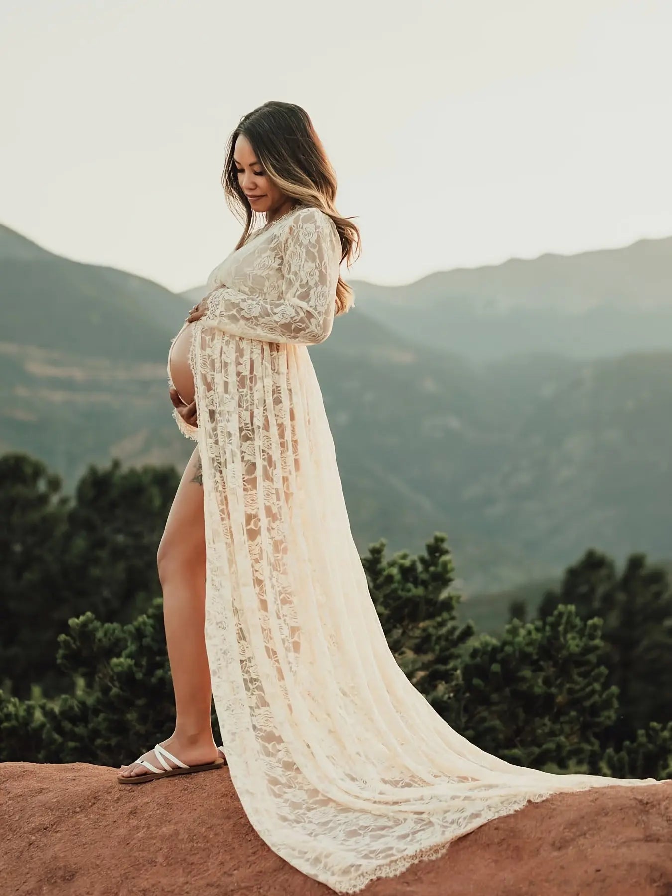 Sexy Sheer Lace Maternity Dress - V-Neck With Long Sleeves & Oversized Hem For Pregnant Women MyFave Boutique