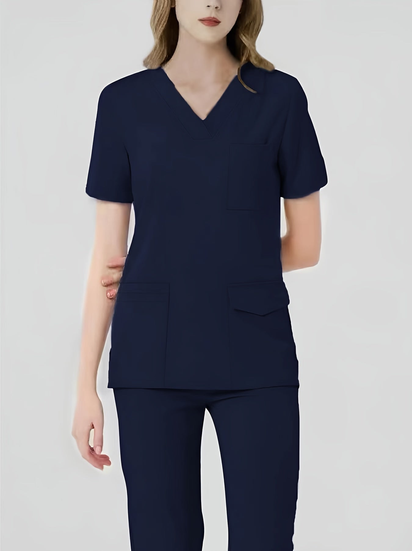 Comfortable & Functional Matching Two-piece Set, Pockets V-neck Top & Solid Pants Health Care Uniform, Women's Clothing MyFave Boutique